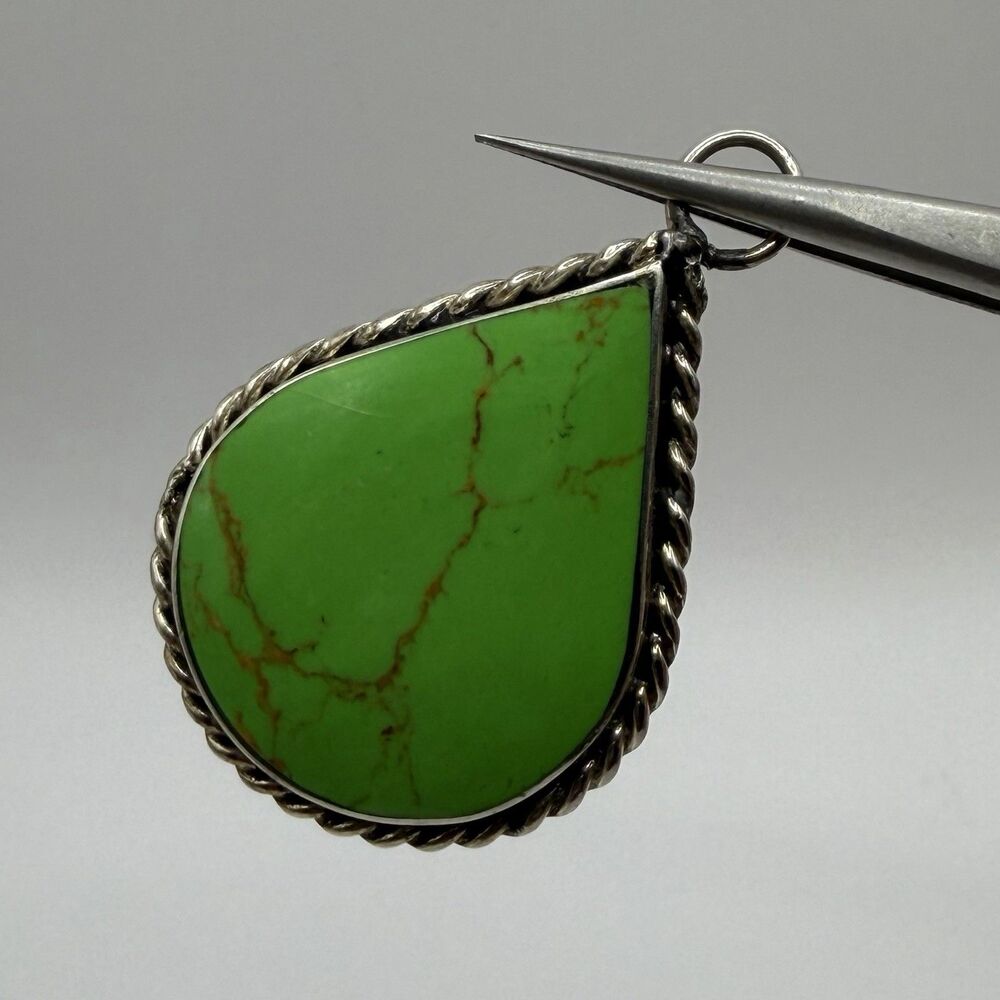 Mexico 925 Sterling Silver Green Gaspeite Teardrop Pendant 2" 10.7g